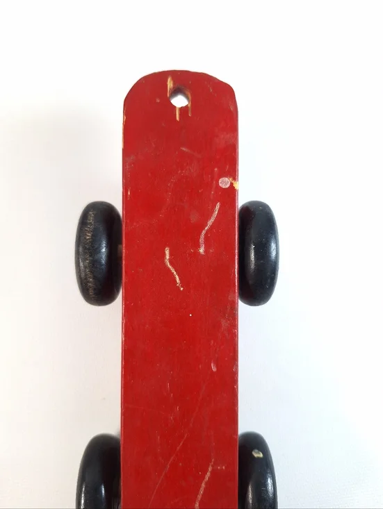 Vintage Red Wooden Toy Train Cars Set of 2 Pull-Along Locomotive & Flatbed Wagon - Picture 10 of 12